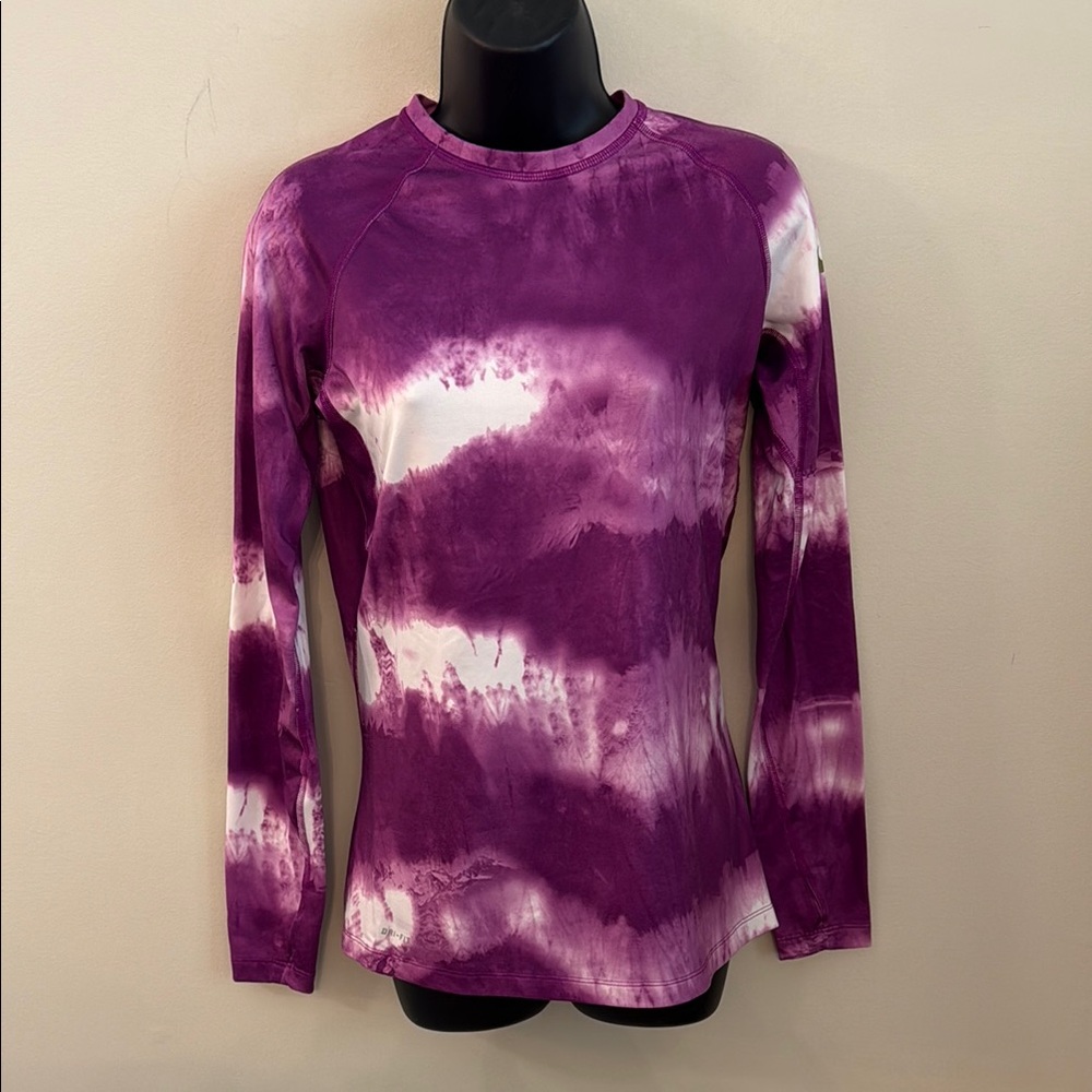 Nike Dri-Fit Purple and White Tie-Dye Long Sleeve Top with Thumb Holes Medium